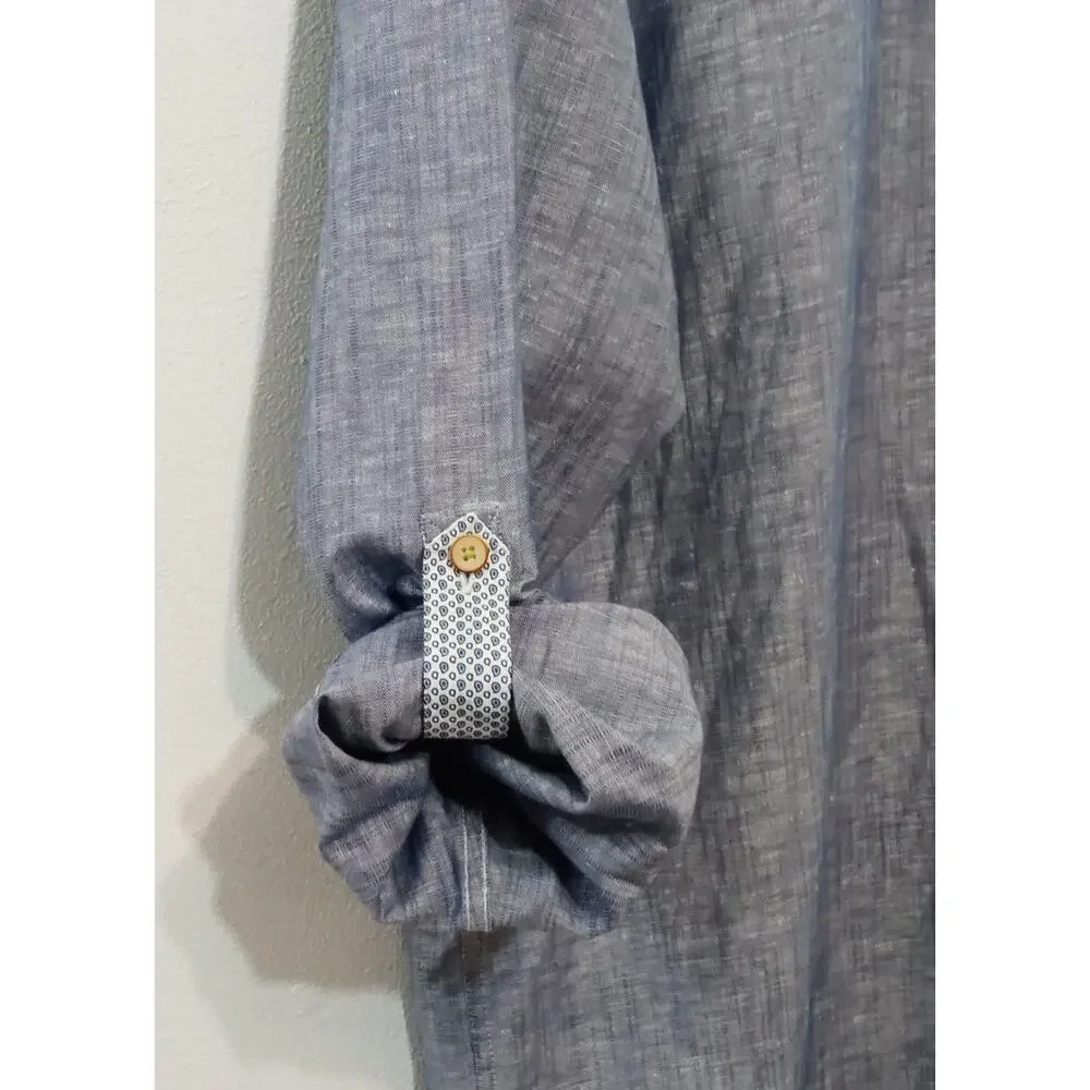 Ted Baker Men's Button Down Shirt Roll Tab Sleeves Linen Blue Size 6